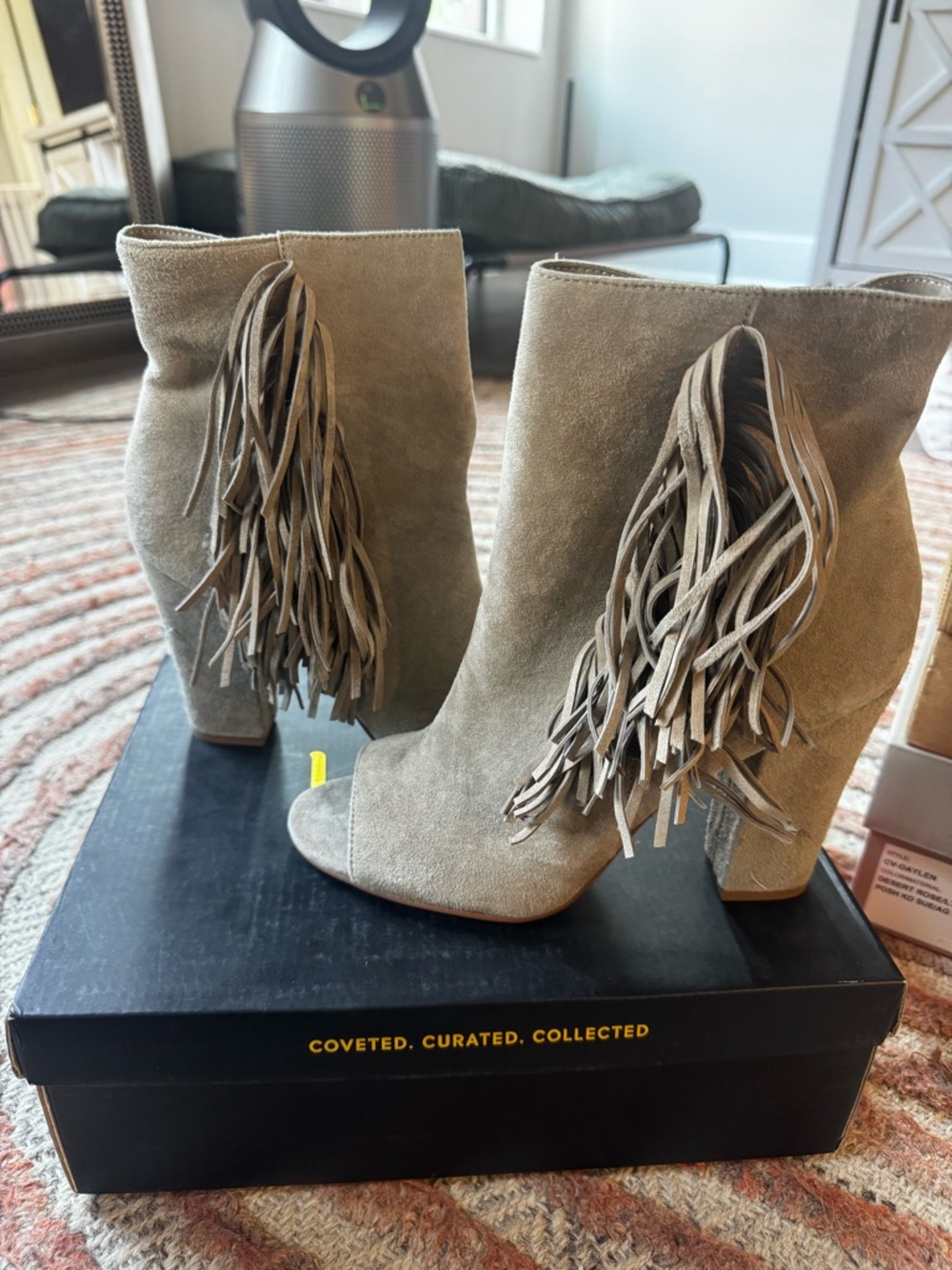 Steve Madden Taupe Suede Fringe Peep-Toe Ankle Boots